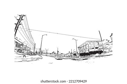 Construir vistas con un punto de referencia de Paramaribo es la capital de Surinam. Dibujo a mano de ilustración de esbozo en vector.