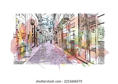 Building view with landmark of Parma is the 
city in Italy. Watercolor splash with hand drawn sketch illustration in vector.