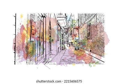 Building view with landmark of Parma is the 
city in Italy. Watercolor splash with hand drawn sketch illustration in vector.