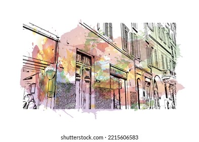 Building view with landmark of Parma is the 
city in Italy. Watercolor splash with hand drawn sketch illustration in vector.