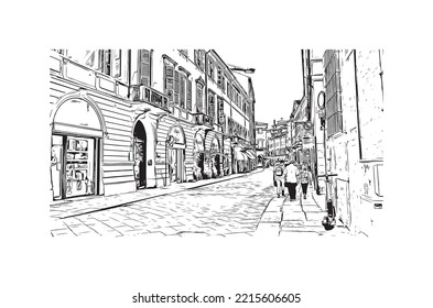 Building view with landmark of Parma is the 
city in Italy. Hand drawn sketch illustration in vector.