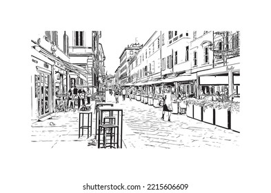 Building view with landmark of Parma is the 
city in Italy. Hand drawn sketch illustration in vector.