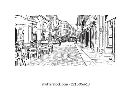 Building view with landmark of Parma is the 
city in Italy. Hand drawn sketch illustration in vector.