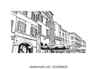 Building view with landmark of Parma is the 
city in Italy. Hand drawn sketch illustration in vector.