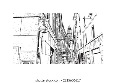 Building view with landmark of Parma is the 
city in Italy. Hand drawn sketch illustration in vector.