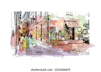 Building view with landmark of Parma is the 
city in Italy. Watercolor splash with hand drawn sketch illustration in vector.