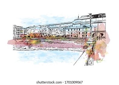 Building view with landmark of Parma is a university city in Italy's Emilia-Romagna region, famed for Parmesan cheese and Parma ham. Watercolor splash with Hand drawn sketch illustration in vector.