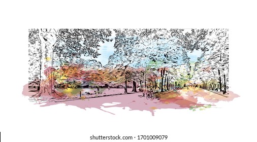Building view with landmark of Parma is a university city in Italy's Emilia-Romagna region, famed for Parmesan cheese and Parma ham. Watercolor splash with Hand drawn sketch illustration in vector.