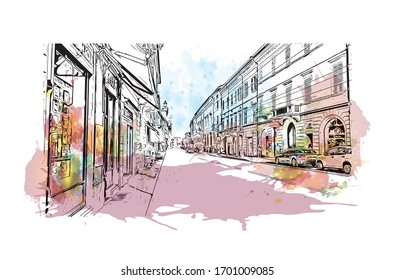 Building view with landmark of Parma is a university city in Italy's Emilia-Romagna region, famed for Parmesan cheese and Parma ham. Watercolor splash with Hand drawn sketch illustration in vector.