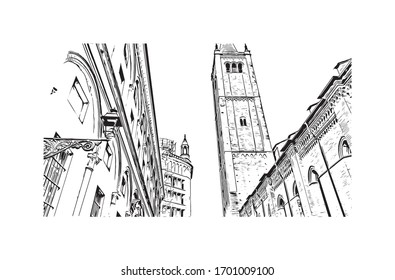 La vista al edificio con monumento de Parma es una ciudad universitaria en la región italiana de Emilia-Romaña, famosa por el queso Parmesan y el jamón de Parma. Dibujo dibujado a mano en vector.