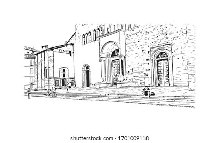 Building view with landmark of Parma is a university city in Italy's Emilia-Romagna region, famed for Parmesan cheese and Parma ham. Hand drawn sketch illustration in vector.