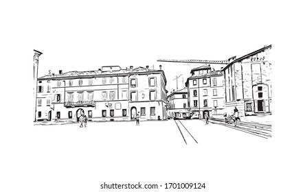 Building view with landmark of Parma is a university city in Italy's Emilia-Romagna region, famed for Parmesan cheese and Parma ham. Hand drawn sketch illustration in vector.