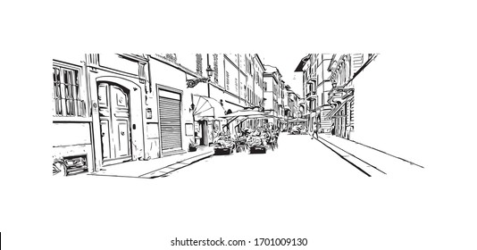 La vista al edificio con monumento de Parma es una ciudad universitaria en la región italiana de Emilia-Romaña, famosa por el queso Parmesan y el jamón de Parma. Dibujo dibujado a mano en vector.