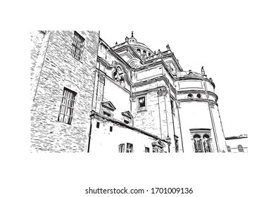 Building view with landmark of Parma is a university city in Italy's Emilia-Romagna region, famed for Parmesan cheese and Parma ham. Hand drawn sketch illustration in vector.