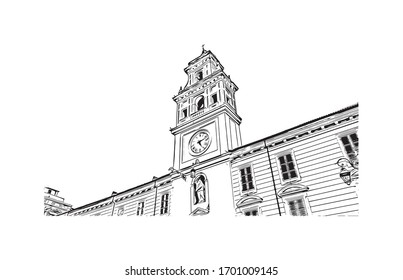 Building view with landmark of Parma is a university city in Italy's Emilia-Romagna region, famed for Parmesan cheese and Parma ham. Hand drawn sketch illustration in vector.