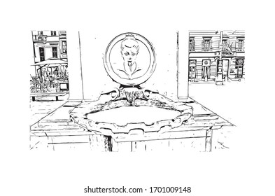 La vista al edificio con monumento de Parma es una ciudad universitaria en la región italiana de Emilia-Romaña, famosa por el queso Parmesan y el jamón de Parma. Dibujo dibujado a mano en vector.