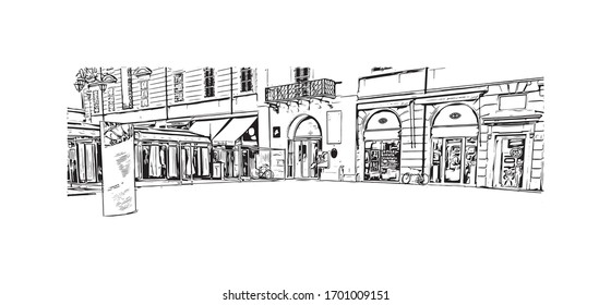 Building view with landmark of Parma is a university city in Italy's Emilia-Romagna region, famed for Parmesan cheese and Parma ham. Hand drawn sketch illustration in vector.