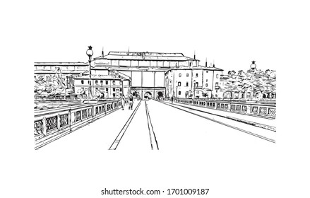 Building view with landmark of Parma is a university city in Italy's Emilia-Romagna region, famed for Parmesan cheese and Parma ham. Hand drawn sketch illustration in vector.