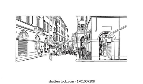 Building view with landmark of Parma is a university city in Italy's Emilia-Romagna region, famed for Parmesan cheese and Parma ham. Hand drawn sketch illustration in vector.