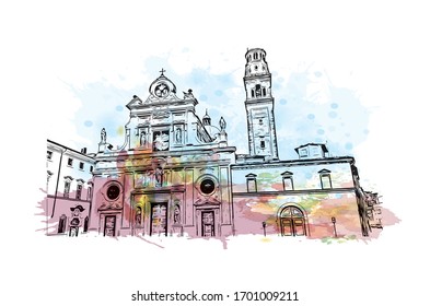 Building view with landmark of Parma is a university city in Italy's Emilia-Romagna region, famed for Parmesan cheese and Parma ham. Watercolor splash with Hand drawn sketch illustration in vector.