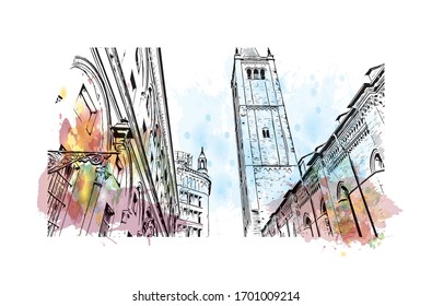 Building view with landmark of Parma is a university city in Italy's Emilia-Romagna region, famed for Parmesan cheese and Parma ham. Watercolor splash with Hand drawn sketch illustration in vector.
