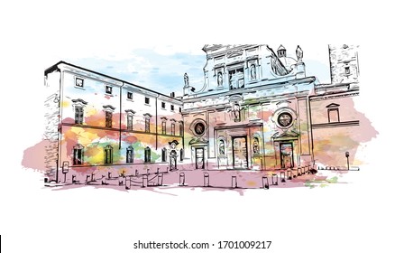 Building view with landmark of Parma is a university city in Italy's Emilia-Romagna region, famed for Parmesan cheese and Parma ham. Watercolor splash with Hand drawn sketch illustration in vector.