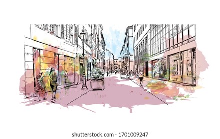 Building view with landmark of Parma is a university city in Italy's Emilia-Romagna region, famed for Parmesan cheese and Parma ham. Watercolor splash with Hand drawn sketch illustration in vector.