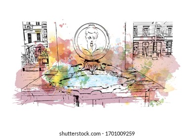 Building view with landmark of Parma is a university city in Italy's Emilia-Romagna region, famed for Parmesan cheese and Parma ham. Watercolor splash with Hand drawn sketch illustration in vector.