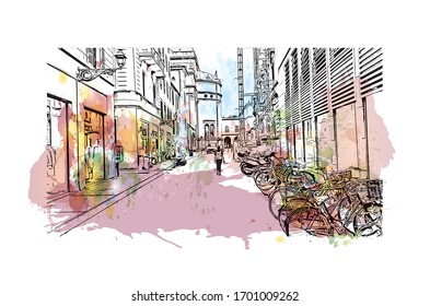 Building view with landmark of Parma is a university city in Italy's Emilia-Romagna region, famed for Parmesan cheese and Parma ham. Watercolor splash with Hand drawn sketch illustration in vector.