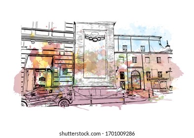 Building view with landmark of Parma is a university city in Italy's Emilia-Romagna region, famed for Parmesan cheese and Parma ham. Watercolor splash with Hand drawn sketch illustration in vector.