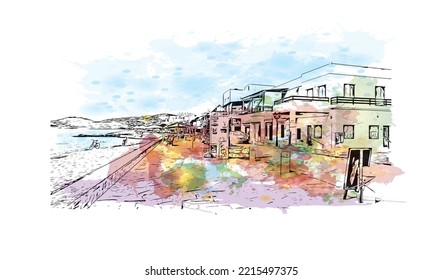 Building view with landmark of Paros is the 
village in  Greece. Watercolor splash with hand drawn sketch illustration in vector