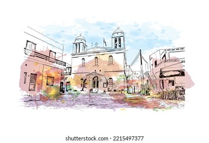 Building view with landmark of Paros is the 
village in  Greece. Watercolor splash with hand drawn sketch illustration in vector