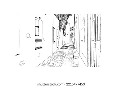Building view with landmark of Paros is the 
village in  Greece. Hand drawn sketch illustration in vector