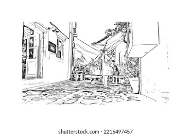 Building view with landmark of Paros is the 
village in  Greece. Hand drawn sketch illustration in vector