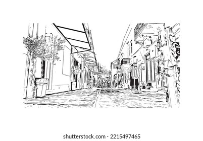 Building view with landmark of Paros is the 
village in  Greece. Hand drawn sketch illustration in vector