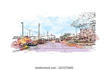 Building view with landmark of Pasadena is a city in California. Watercolor splash with hand drawn sketch illustration in vector.