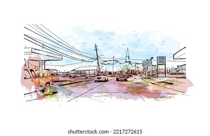 Building view with landmark of Pasadena is a city in California. Watercolor splash with hand drawn sketch illustration in vector.