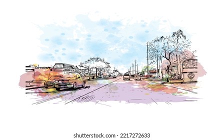 Building view with landmark of Pasadena is a city in California. Watercolor splash with hand drawn sketch illustration in vector.