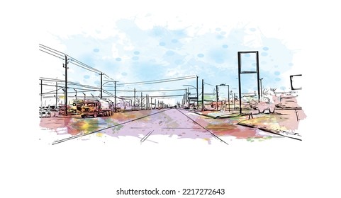 Building view with landmark of Pasadena is a city in California. Watercolor splash with hand drawn sketch illustration in vector.