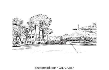 Building view with landmark of Pasadena is a city in California. Hand drawn sketch illustration in vector.