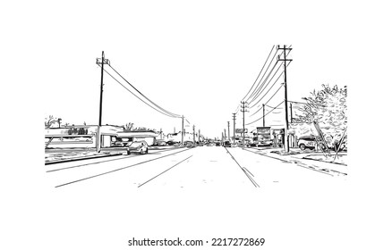 Building view with landmark of Pasadena is a city in California. Hand drawn sketch illustration in vector.