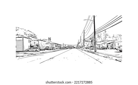 Building view with landmark of Pasadena is a city in California. Hand drawn sketch illustration in vector.