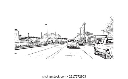 Building view with landmark of Pasadena is a city in California. Hand drawn sketch illustration in vector.