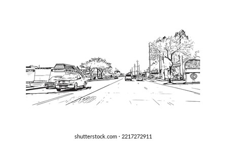 Building view with landmark of Pasadena is a city in California. Hand drawn sketch illustration in vector.