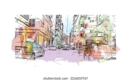 Building view with landmark of Patras is the 
city in Greece. Watercolor splash with hand  drawn sketch illustration in vector.