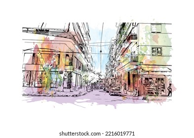 Building view with landmark of Patras is the 
city in Greece. Watercolor splash with hand  drawn sketch illustration in vector.