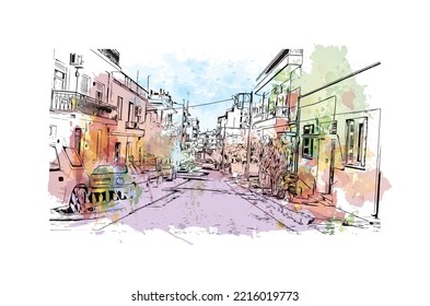 Building view with landmark of Patras is the 
city in Greece. Watercolor splash with hand  drawn sketch illustration in vector.