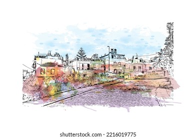 Building view with landmark of Patras is the 
city in Greece. Watercolor splash with hand  drawn sketch illustration in vector.