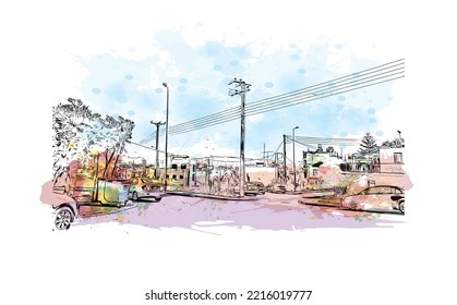 Building view with landmark of Patras is the 
city in Greece. Watercolor splash with hand  drawn sketch illustration in vector.