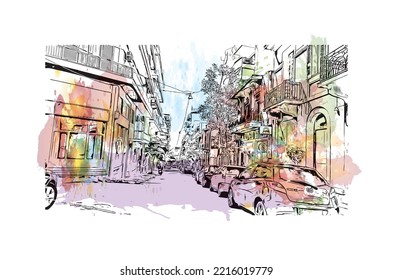 Building view with landmark of Patras is the 
city in Greece. Watercolor splash with hand  drawn sketch illustration in vector.